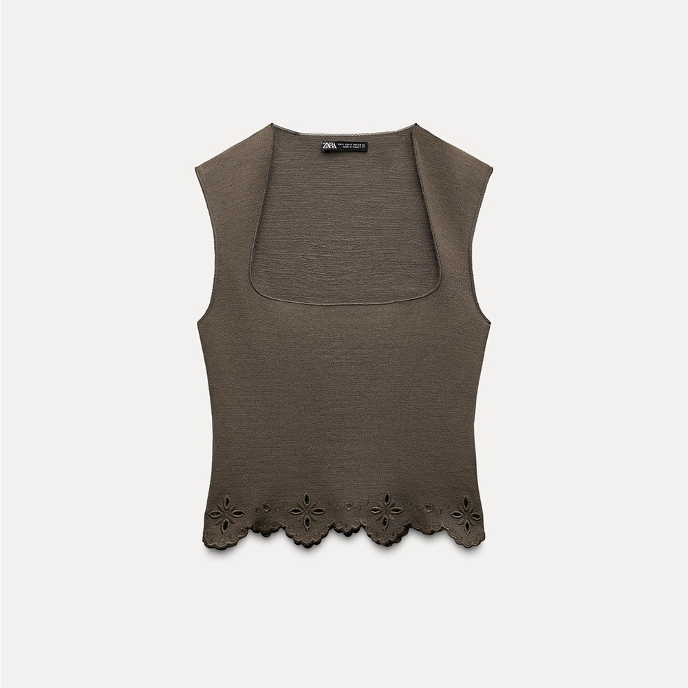 Zara Olive Sleeveless Top with Scalloped Hem